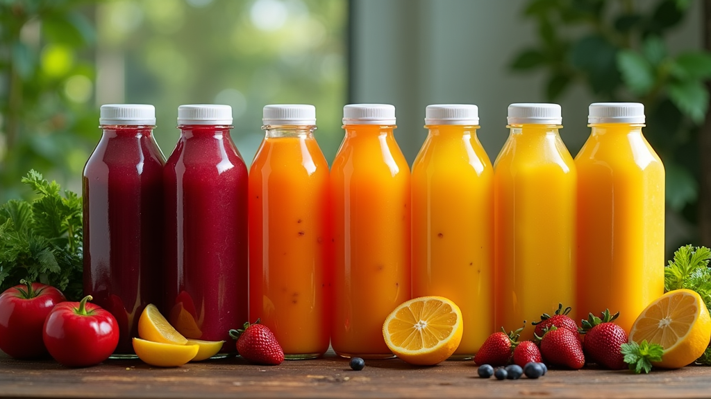 Cold-pressed juice bottles in vibrant colors lined up on a rustic wooden table, surrounded by fresh fruits and vegetables.